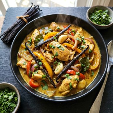 Kochen mit Vanille Hähnchen in Uganda-Vanille-Kokos-Soße